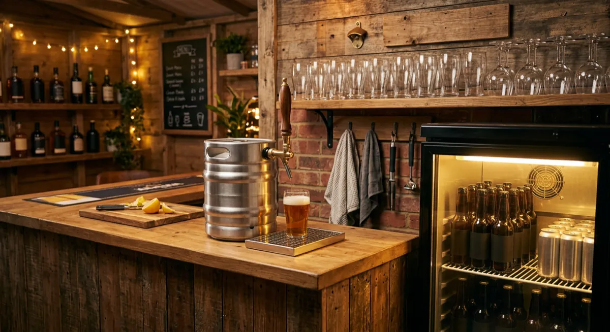 Behind the bar of a pub shed: keg with tap, glowing drinks fridge and glasses on a shelf