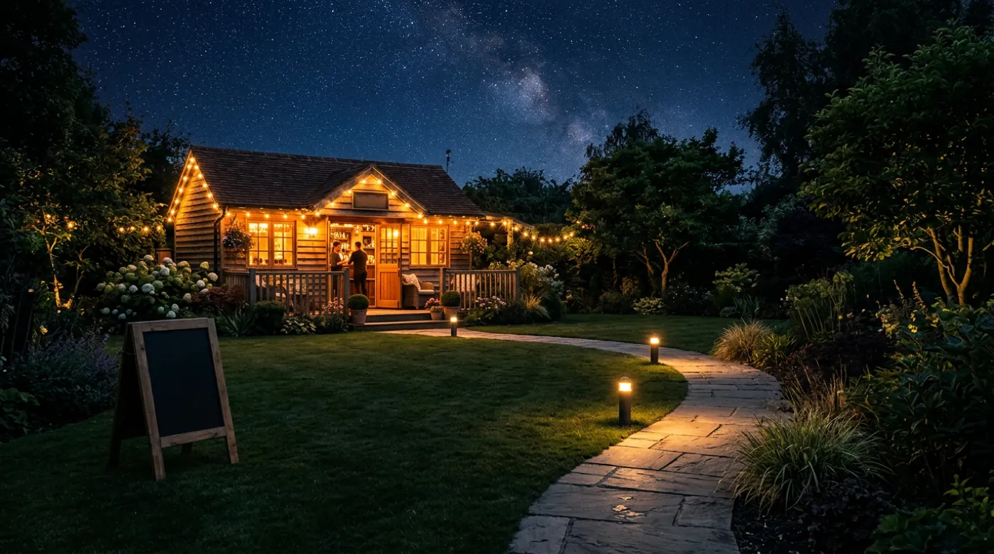 Garden pub shed glowing warmly at night with festoon lights and a lit path across the lawn
