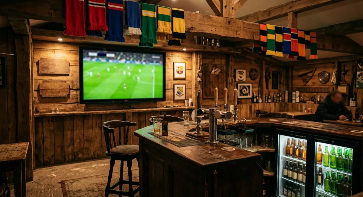 Sports bar pub shed interior with wall-mounted TV, scarves and a bar with taps