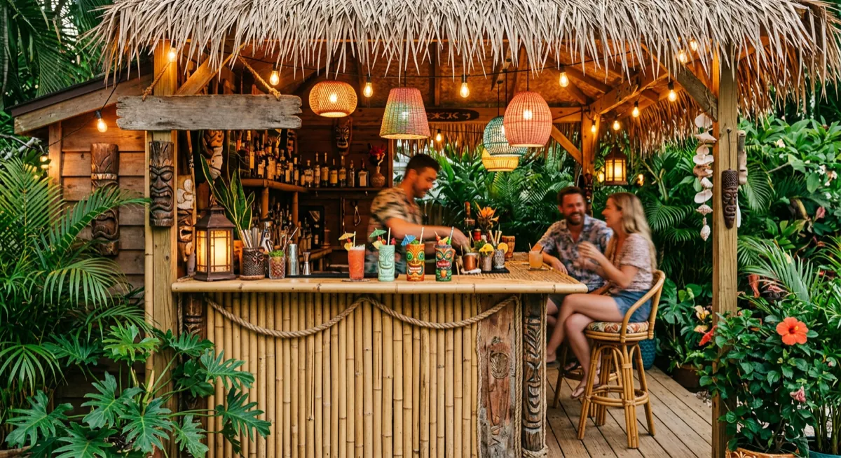 Tiki bar shed with bamboo bar front, thatched canopy and colourful cocktails