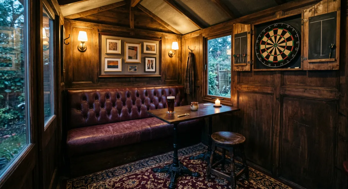 Traditional British snug pub interior in a shed with dark wood, brass lights and a dartboard