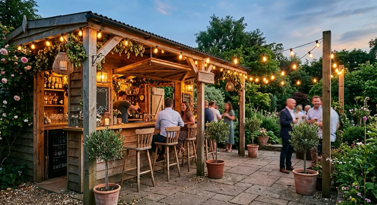 Party veranda pub shed at dusk with open serving hatch, festoon lights and patio seating